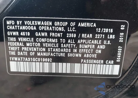 2016 Volkswagen Passat 1.8T S z USA, uszkodzony, nr VIN 1VWAT7A31GC019692